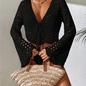 SHEIN Black Crochet Tie-Front Top